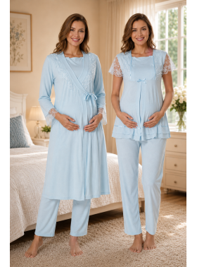 Effortt 2054M Mavi Dantel Detaylı Sabahlıklı Lohusa Pijama Takımı